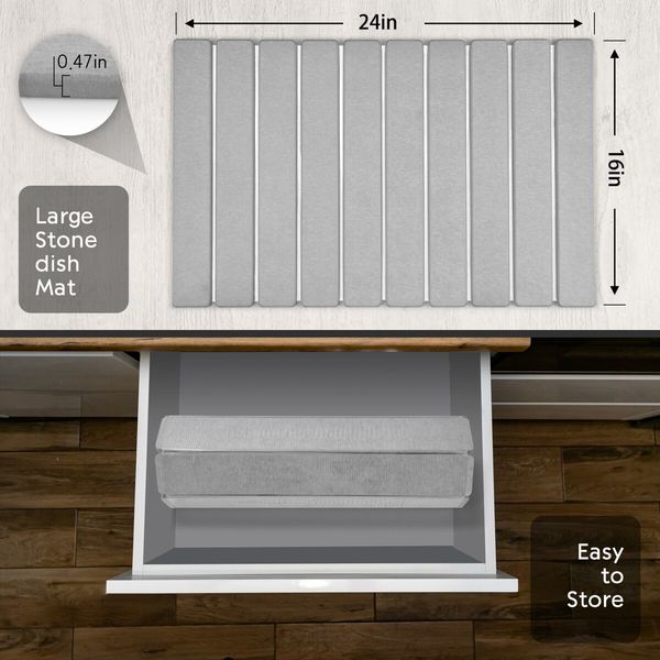 Large Stone Dish Drying Mats for Kitchen Counter,Quick Dry Collapsible Dish Drying Mat,Eco-Friendly Absorbent Diatomaceous Earth Mats (Grey)