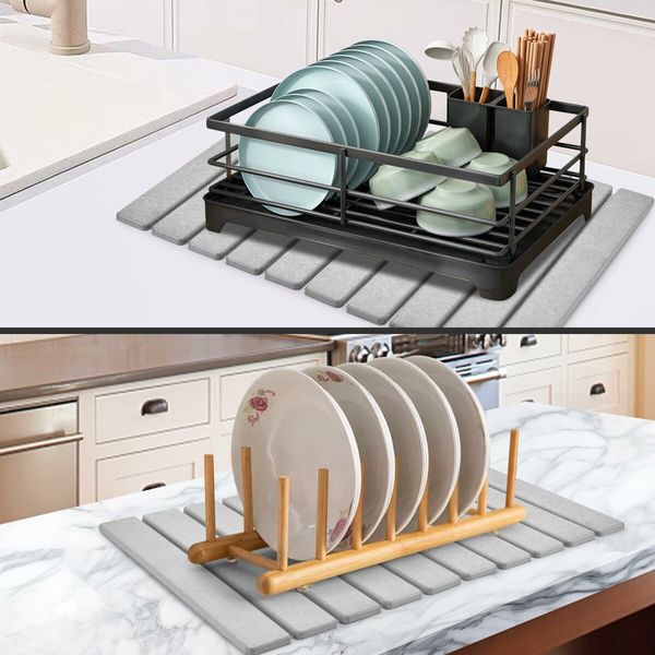 Large Stone Dish Drying Mats for Kitchen Counter,Quick Dry Collapsible Dish Drying Mat,Eco-Friendly Absorbent Diatomaceous Earth Mats (Grey)