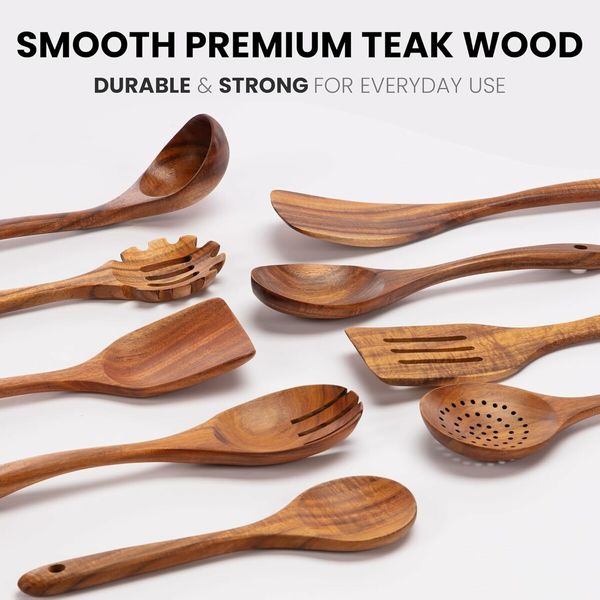 9 Piece Wooden Utensils for Cooking, Non-Stick Wooden Spoons for Cooking, Kitchen Gift Set, Comfortable Grip Wooden Utensil Set