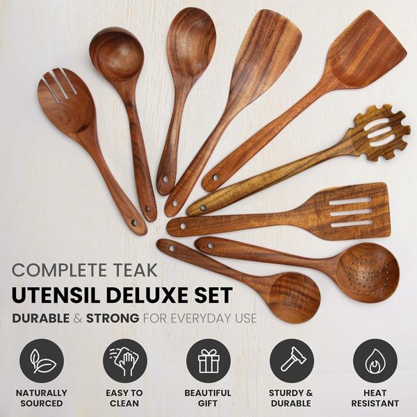 9 Piece Wooden Utensils for Cooking, Non-Stick Wooden Spoons for Cooking, Kitchen Gift Set, Comfortable Grip Wooden Utensil Set