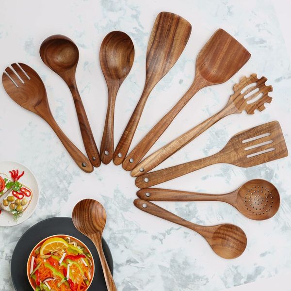 9 Piece Wooden Utensils for Cooking, Non-Stick Wooden Spoons for Cooking, Kitchen Gift Set, Comfortable Grip Wooden Utensil Set