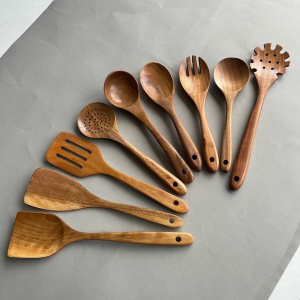 9 Piece Wooden Utensils for Cooking, Non-Stick Wooden Spoons for Cooking, Kitchen Gift Set, Comfortable Grip Wooden Utensil Set