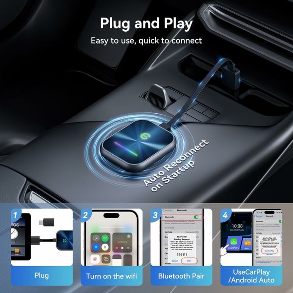 Wireless CarPlay Adapter,2 in 1 Wireless CarPlay & Android Auto Adapter Converts Factory Wired CarPlay to Wireless,Plug and Play Car Play Wireless Adapter