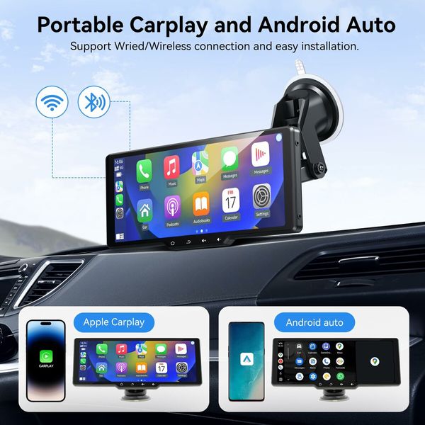 10.26In Wireless Carplay Screen for Car,Portable Touchscreen Car Play Screen with Carplay,Android Auto,720P Backup Camera,GPS Navigation,Voice Control
