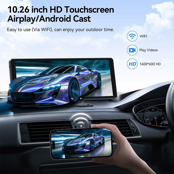 10.26In Wireless Carplay Screen for Car,Portable Touchscreen Car Play Screen with Carplay,Android Auto,720P Backup Camera,GPS Navigation,Voice Control