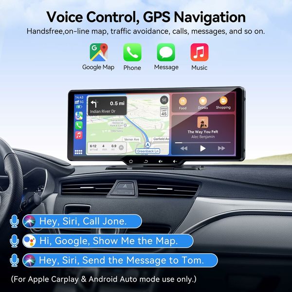 10.26In Wireless Carplay Screen for Car,Portable Touchscreen Car Play Screen with Carplay,Android Auto,720P Backup Camera,GPS Navigation,Voice Control