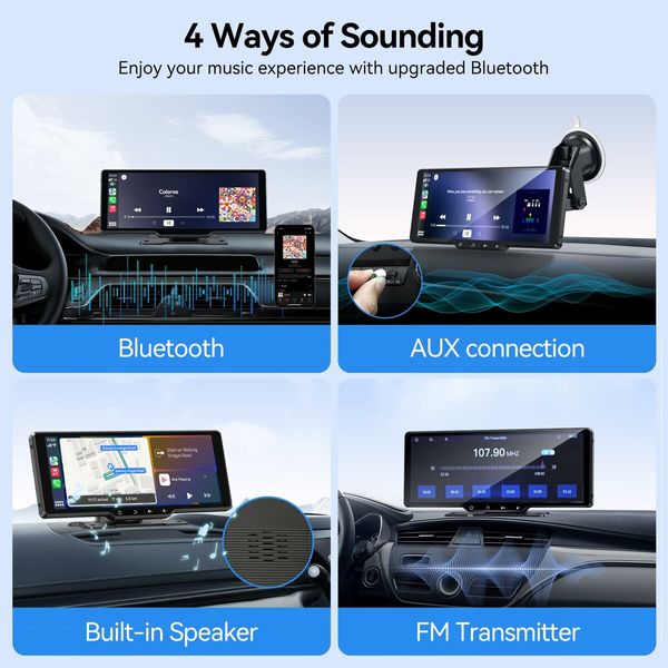 10.26In Wireless Carplay Screen for Car,Portable Touchscreen Car Play Screen with Carplay,Android Auto,720P Backup Camera,GPS Navigation,Voice Control