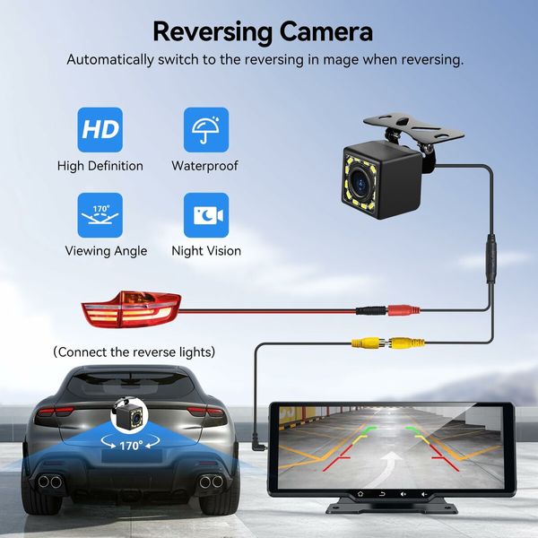 10.26In Wireless Carplay Screen for Car,Portable Touchscreen Car Play Screen with Carplay,Android Auto,720P Backup Camera,GPS Navigation,Voice Control