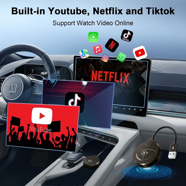 Wireless Carplay Adapter Built in YouTube Netflix,Carplay Wireless for Wired CarPlay to Wireless Support YouTube Netflix Tiktok Video Play