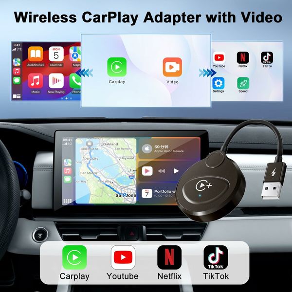 Wireless Carplay Adapter Built in YouTube Netflix,Carplay Wireless for Wired CarPlay to Wireless Support YouTube Netflix Tiktok Video Play