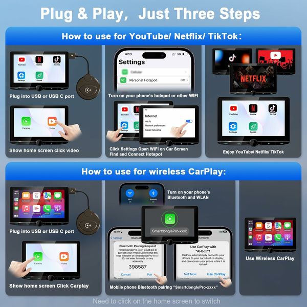 Wireless Carplay Adapter Built in YouTube Netflix,Carplay Wireless for Wired CarPlay to Wireless Support YouTube Netflix Tiktok Video Play