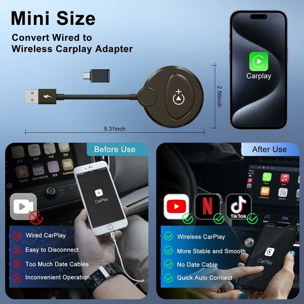 Wireless Carplay Adapter Built in YouTube Netflix,Carplay Wireless for Wired CarPlay to Wireless Support YouTube Netflix Tiktok Video Play