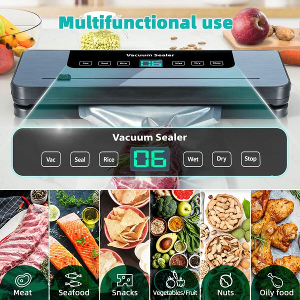 Kitchen Vacuum Sealer Fresh Meat Dry Wet Food Saver Storage Machine Heat Packing 80Kpa 120W Countertop Automatic Airtight Sous Vide Vac Jar with Bags