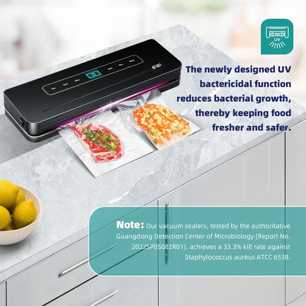 Kitchen Vacuum Sealer Fresh Meat Dry Wet Food Saver Storage Machine Sous Vide Heat Packing 80Kpa 120W Countertop Auto UV Airtight Vac Jar with Bags
