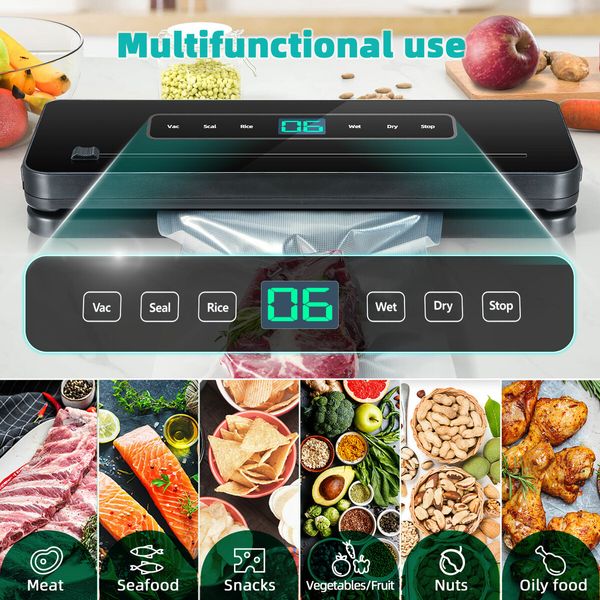 Kitchen Vacuum Sealer Fresh Meat Dry Wet Food Saver Storage Machine Sous Vide Heat Packing 80Kpa 120W Countertop Auto UV Airtight Vac Jar with Bags