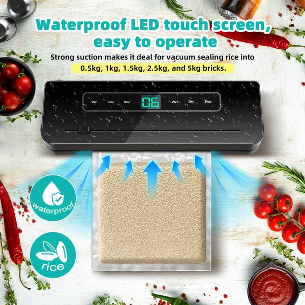 Kitchen Vacuum Sealer Fresh Meat Dry Wet Food Saver Storage Machine Sous Vide Heat Packing 80Kpa 120W Countertop Auto UV Airtight Vac Jar with Bags