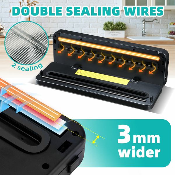 Kitchen Vacuum Sealer Fresh Meat Dry Wet Food Saver Storage Machine Sous Vide Heat Packing 80Kpa 120W Countertop Auto UV Airtight Vac Jar with Bags