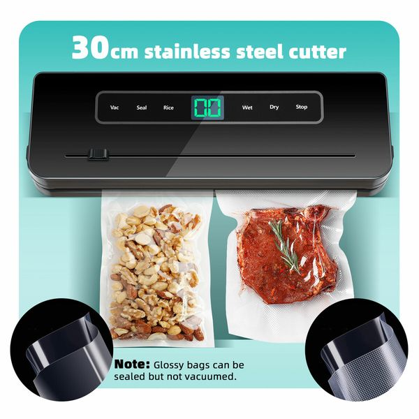 Kitchen Vacuum Sealer Fresh Meat Dry Wet Food Saver Storage Machine Sous Vide Heat Packing 80Kpa 120W Countertop Auto UV Airtight Vac Jar with Bags
