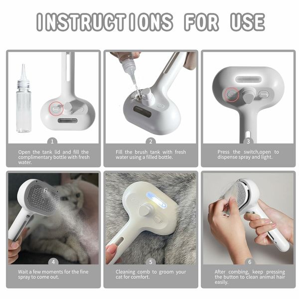 Spray Cat Brush for Shedding, Water Brush for Cats and Dogs, Pet Hair Removal Comb with Water Tank and Release Button (White)