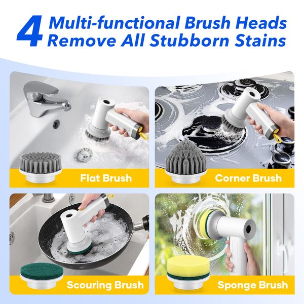 Electric Spin Scrubber Cordless Home Car Power Cleaning Brush 4 Heads for Toilet Bath Tub Tile Floor Wall Shower Grout Window Kitchen Sink