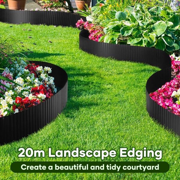 Garden Bed Edging Landscape Edge 20mx15cm Lawn Border Flower Plant Grass Path Fence DIY Flexible Corrugated Carbon Steel UV Resistant Roll Kit