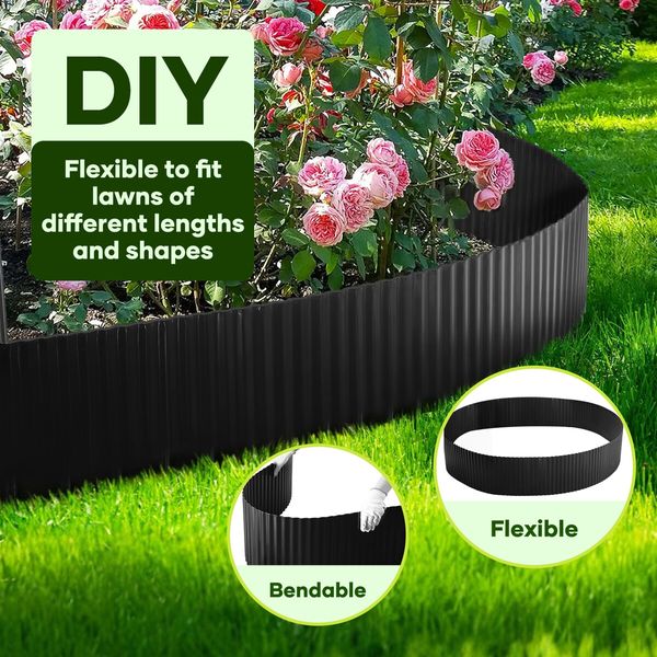 Garden Bed Edging Landscape Edge 20mx15cm Lawn Border Flower Plant Grass Path Fence DIY Flexible Corrugated Carbon Steel UV Resistant Roll Kit