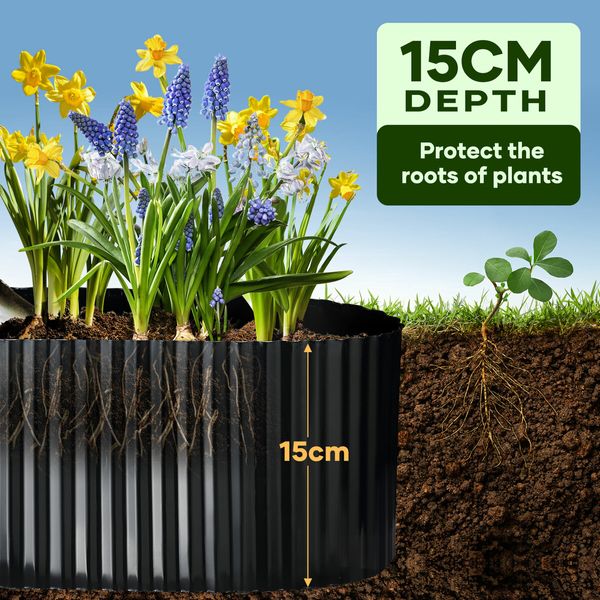 Garden Bed Edging Landscape Edge 20mx15cm Lawn Border Flower Plant Grass Path Fence DIY Flexible Corrugated Carbon Steel UV Resistant Roll Kit