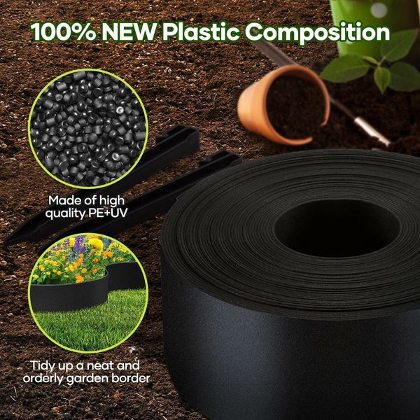 Garden Bed Edging Lawn 20mx15cm Border Landscape Edge Flexible DIY Fence Barrier Path Driveway Plant Grass Flower Support Plastic Roll Kit