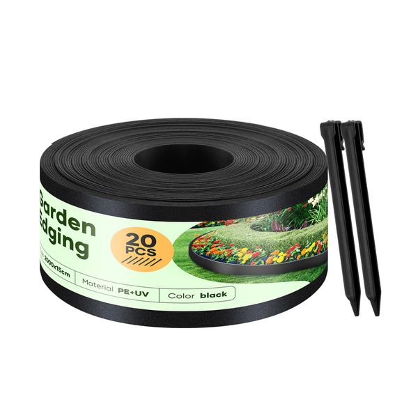 Garden Bed Edging Lawn 20mx15cm Border Landscape Edge Flexible DIY Fence Barrier Path Driveway Plant Grass Flower Support Plastic Roll Kit
