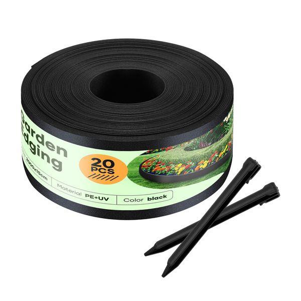 Garden Bed Edging Lawn 20mx15cm Border Landscape Edge Flexible DIY Fence Barrier Path Driveway Plant Grass Flower Support Plastic Roll Kit