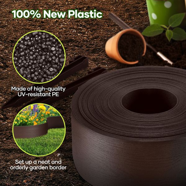 Garden Bed Edging Lawn Border Landscape Edge Flexible 20mx15cm DIY Fence Barrier Path Driveway Plant Grass Flower Support Plastic Roll Kit