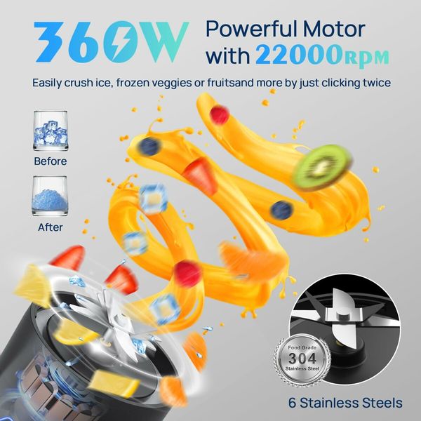 Rechargeable Portable Blender for Shakes and Smoothies,22OZ Mini Personal Blender with 6 Blades,Strong Cutting Bender Bottle Electric Cup,Black