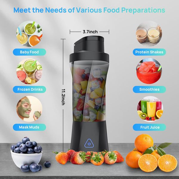 Rechargeable Portable Blender for Shakes and Smoothies,22OZ Mini Personal Blender with 6 Blades,Strong Cutting Bender Bottle Electric Cup,Black