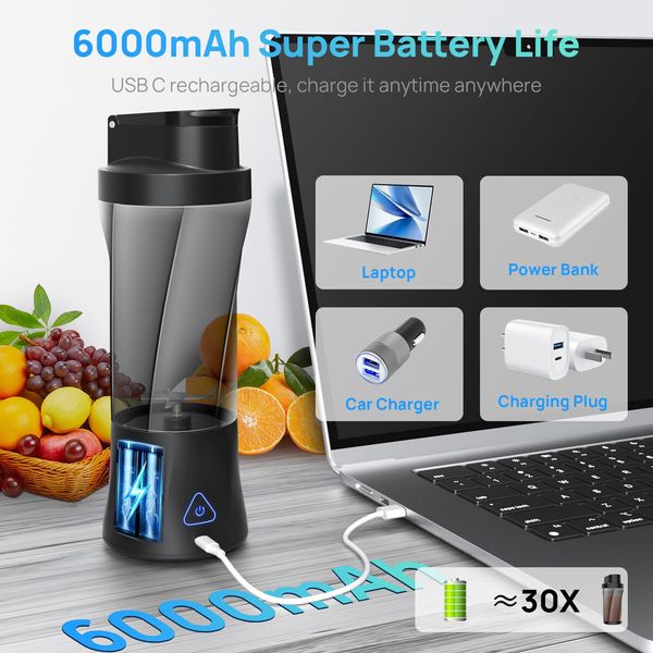 Rechargeable Portable Blender for Shakes and Smoothies,22OZ Mini Personal Blender with 6 Blades,Strong Cutting Bender Bottle Electric Cup,Black
