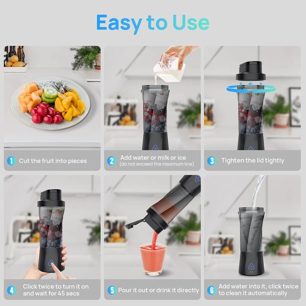 Rechargeable Portable Blender for Shakes and Smoothies,22OZ Mini Personal Blender with 6 Blades,Strong Cutting Bender Bottle Electric Cup,Black
