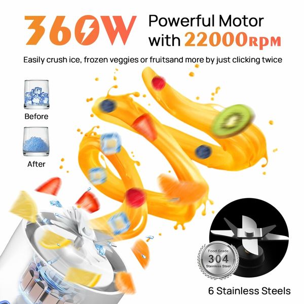 Rechargeable Portable Blender for Shakes and Smoothies,22OZ Mini Personal Blender with 6 Blades,Strong Cutting Bender Bottle Electric Cup,White