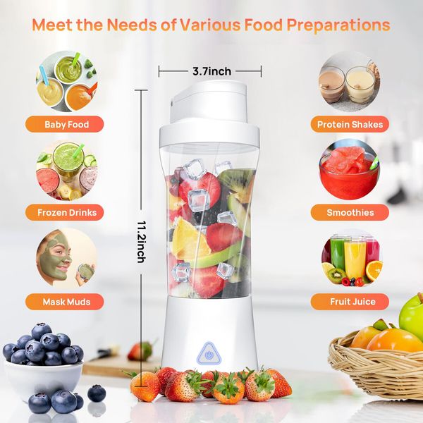 Rechargeable Portable Blender for Shakes and Smoothies,22OZ Mini Personal Blender with 6 Blades,Strong Cutting Bender Bottle Electric Cup,White