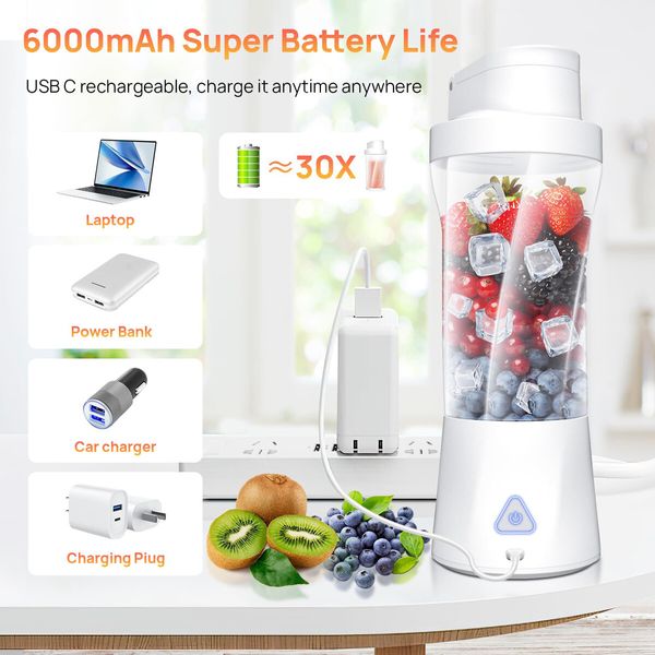 Rechargeable Portable Blender for Shakes and Smoothies,22OZ Mini Personal Blender with 6 Blades,Strong Cutting Bender Bottle Electric Cup,White