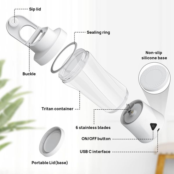 Rechargeable Portable Blender for Shakes and Smoothies,22OZ Mini Personal Blender with 6 Blades,Strong Cutting Bender Bottle Electric Cup,White