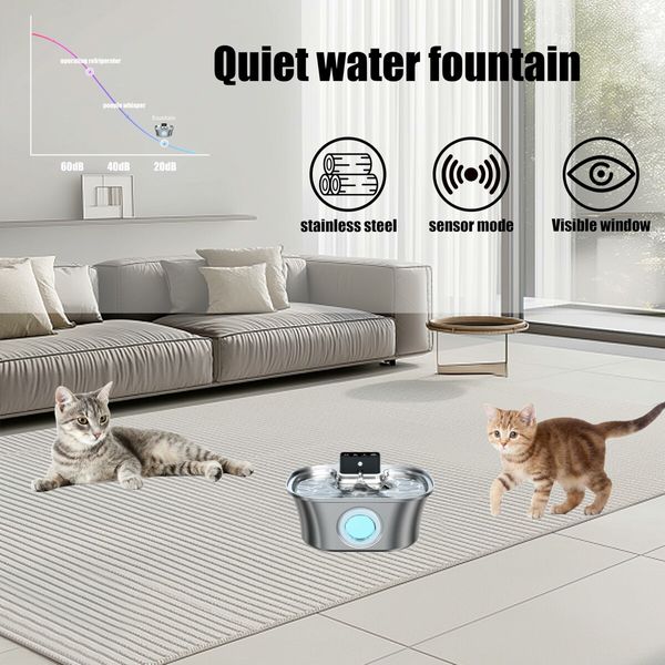 Wireless Cat Water Fountain Stainless Steel,3.2L Pet Fountain Battery Operated with Motion Sensorfor Drinking Multi-Filtration