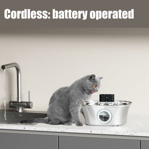 Wireless Cat Water Fountain Stainless Steel,3.2L Pet Fountain Battery Operated with Motion Sensorfor Drinking Multi-Filtration