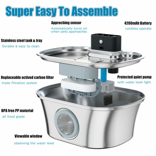 Wireless Cat Water Fountain Stainless Steel,3.2L Pet Fountain Battery Operated with Motion Sensorfor Drinking Multi-Filtration