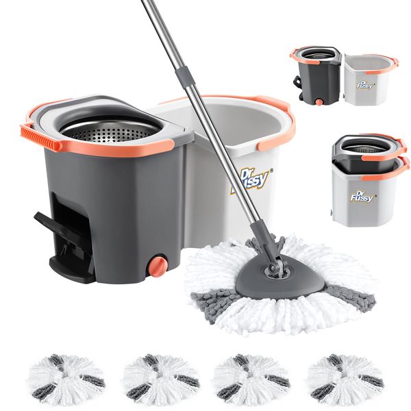 Spin Mop and Twin Bucket Set Tile Wood Floor Cleaner 4 Microfibre Heads Magic Dry Twist Separate Stackable Easy Cleaning System 360 Degree Rotating