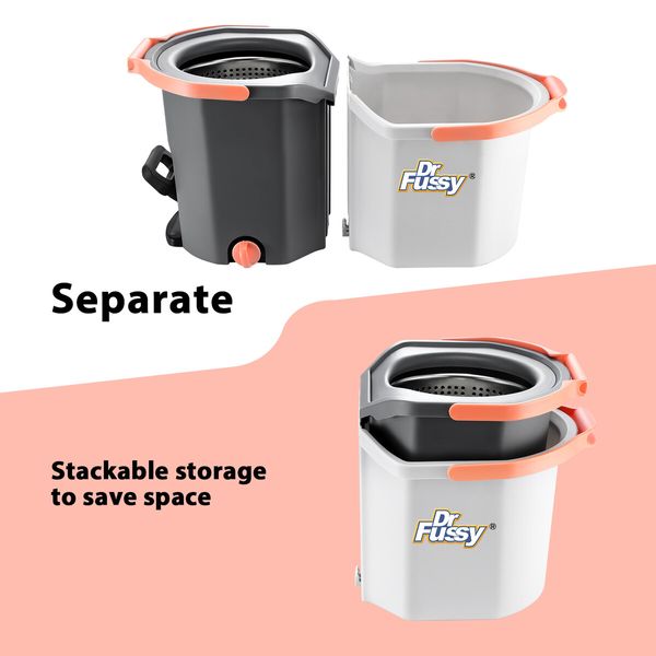 Spin Mop and Twin Bucket Set Tile Wood Floor Cleaner 4 Microfibre Heads Magic Dry Twist Separate Stackable Easy Cleaning System 360 Degree Rotating