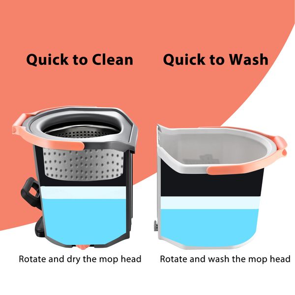 Spin Mop and Twin Bucket Set Tile Wood Floor Cleaner 4 Microfibre Heads Magic Dry Twist Separate Stackable Easy Cleaning System 360 Degree Rotating