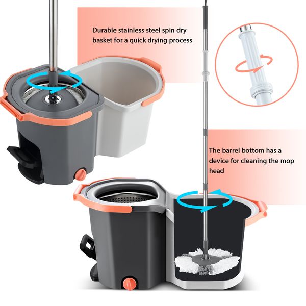 Spin Mop and Twin Bucket Set Tile Wood Floor Cleaner 4 Microfibre Heads Magic Dry Twist Separate Stackable Easy Cleaning System 360 Degree Rotating