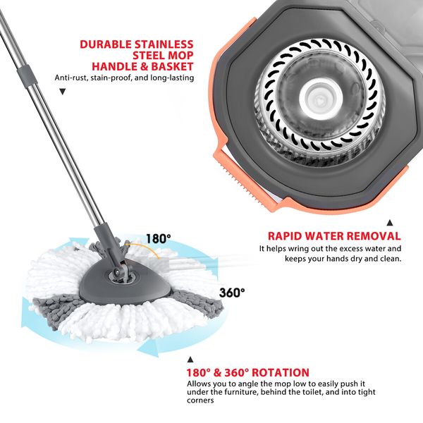 Spin Mop and Twin Bucket Set Tile Wood Floor Cleaner 4 Microfibre Heads Magic Dry Twist Separate Stackable Easy Cleaning System 360 Degree Rotating