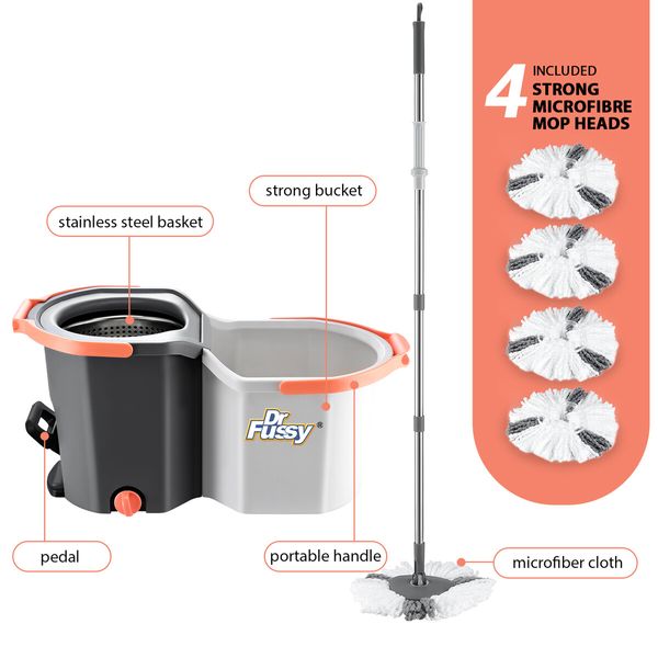 Spin Mop and Twin Bucket Set Tile Wood Floor Cleaner 4 Microfibre Heads Magic Dry Twist Separate Stackable Easy Cleaning System 360 Degree Rotating
