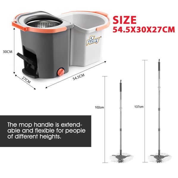 Spin Mop and Twin Bucket Set Tile Wood Floor Cleaner 4 Microfibre Heads Magic Dry Twist Separate Stackable Easy Cleaning System 360 Degree Rotating