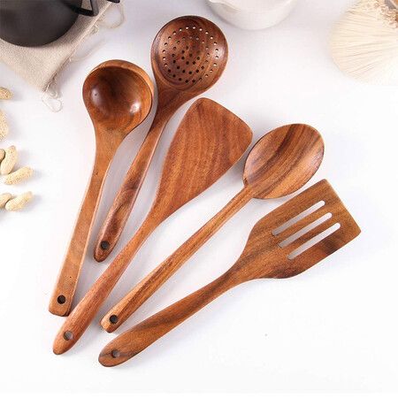 Wooden Spoons for Cooking, Cooking Utensils Set of 6 Natural Teak Wooden Cooking Spatulas with Utensils Holder, Kitchen Utensils for Nonstick Cookware